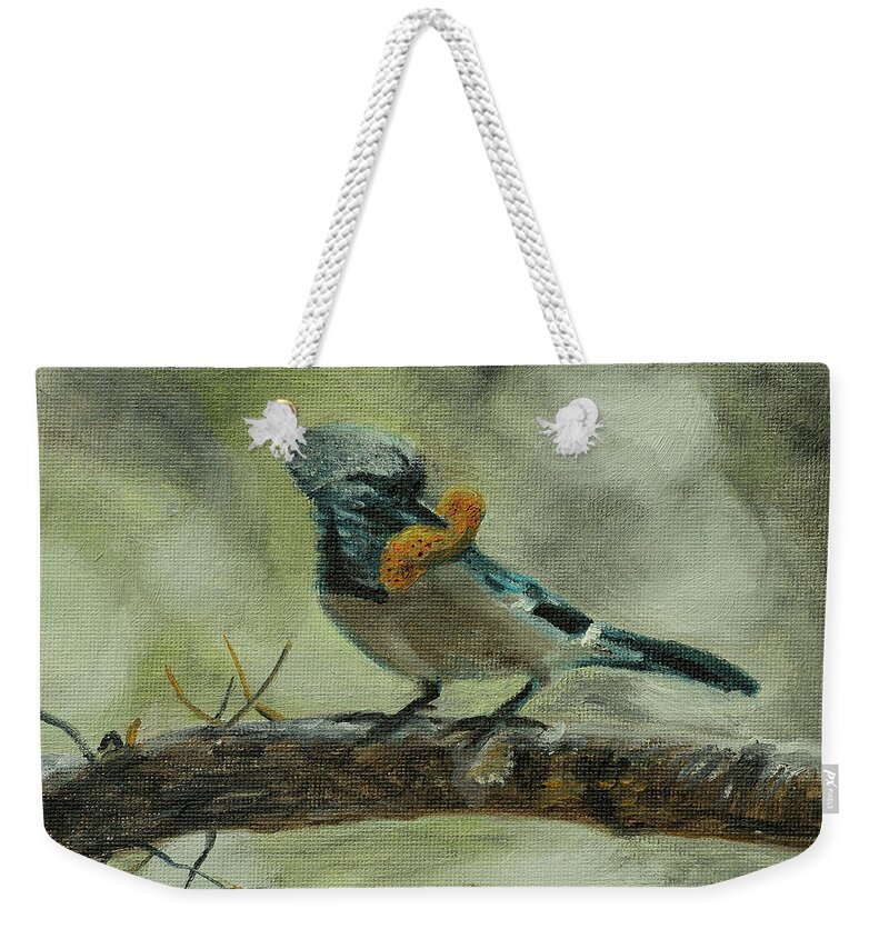 Blue Jay Eating Peanut As Usual. Bright Blues Weekender Tote Bag featuring the painting Blue Jay by Kathy Knopp
