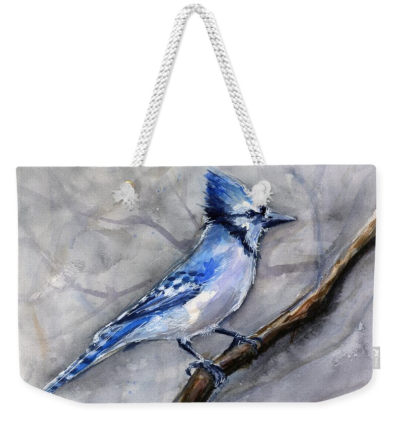 Animal Weekender Tote Bag featuring the painting Blue Jay Watercolor by Olga Shvartsur