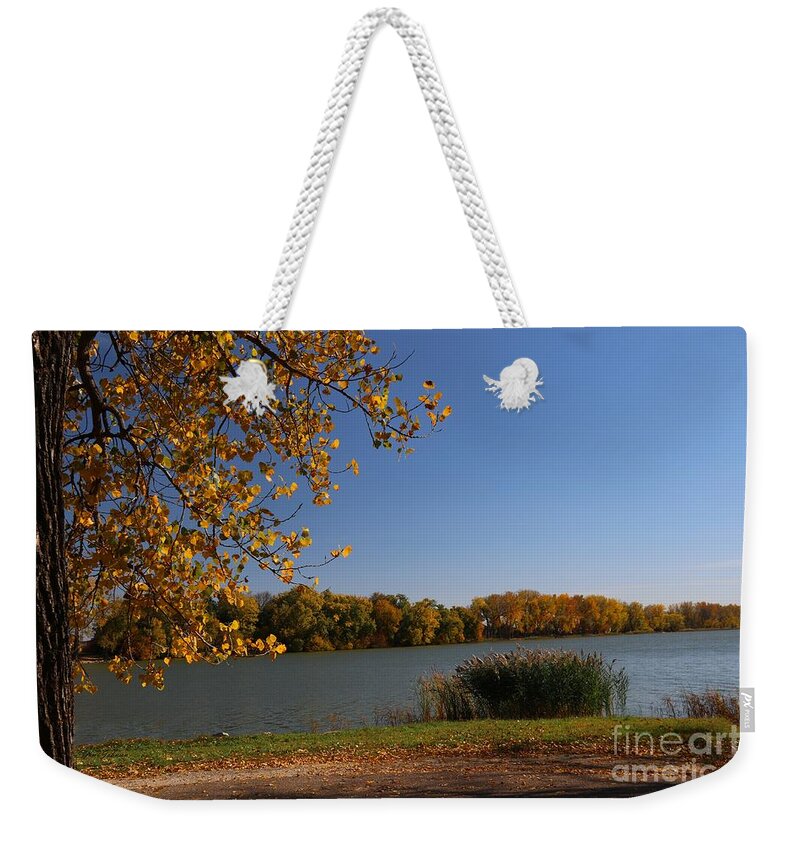 Lake Weekender Tote Bag featuring the photograph Blue Lake in Fall by Yumi Johnson