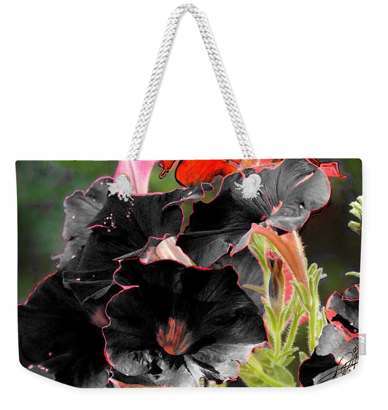 Black;white;green;red;pink;petunia;flower;contrast Weekender Tote Bag featuring the digital art Blue by Leon deVose