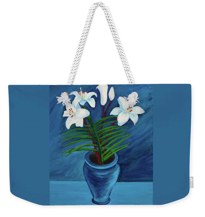 Lilies Weekender Tote Bag featuring the painting Blue Lilies 20 x 16 by Santana Star