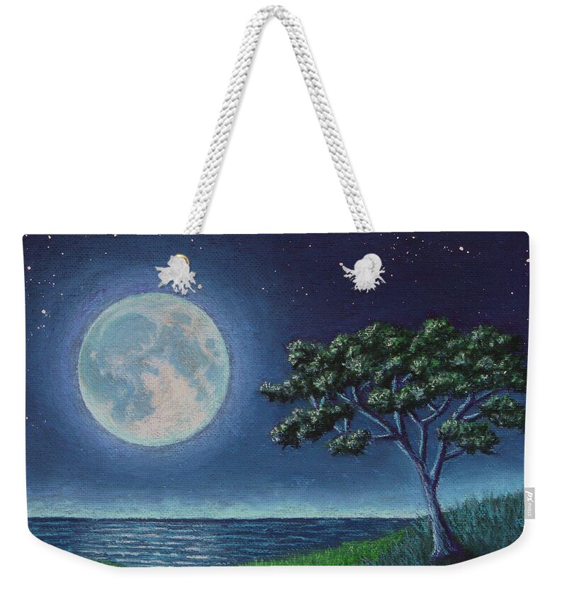 Blue Weekender Tote Bag featuring the pastel Blue Moon 01 by Michael Heikkinen