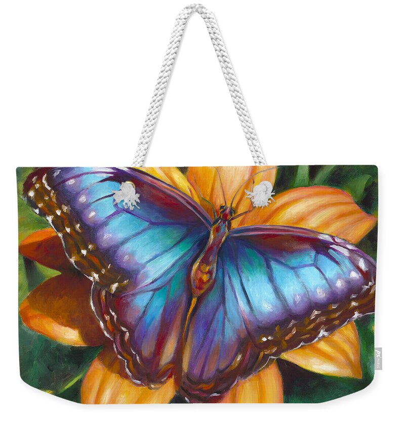Oil Painting Weekender Tote Bag featuring the painting Blue Morpho Butterfly by Nancy Tilles