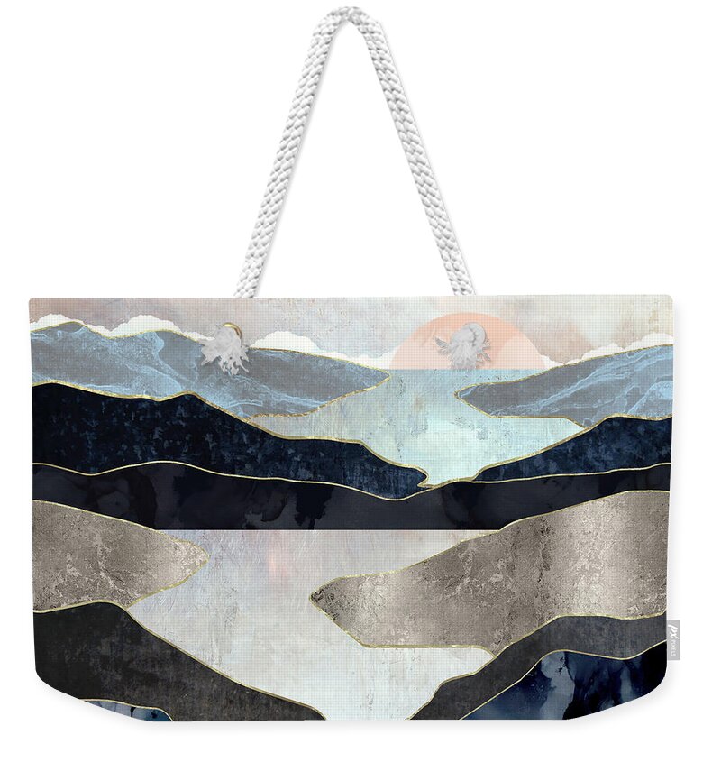 Blue Weekender Tote Bag featuring the digital art Blue Mountain Lake by Spacefrog Designs