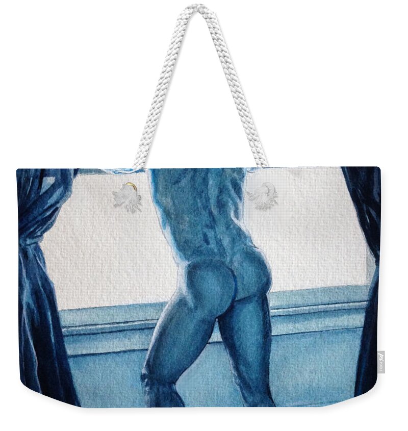 Male Nude Weekender Tote Bag featuring the painting Blue Nude by Marc DeBauch