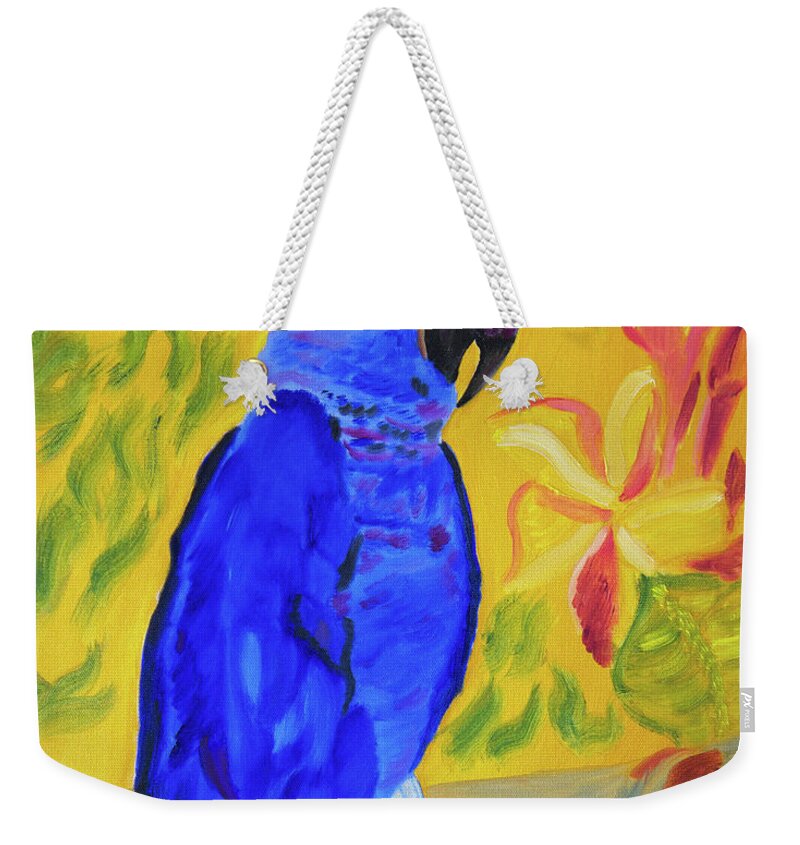 Hyacynth Weekender Tote Bag featuring the painting Parrot Pretty in Blue by Meryl Goudey