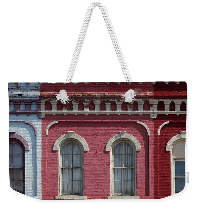 Eyebrow Windows Weekender Tote Bag featuring the photograph Blue Pink Red by Mary Bedy