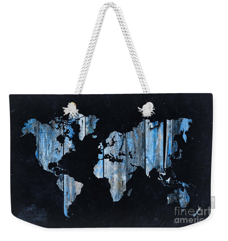 World Weekender Tote Bag featuring the photograph Blue planks on black world map by Delphimages Map Creations