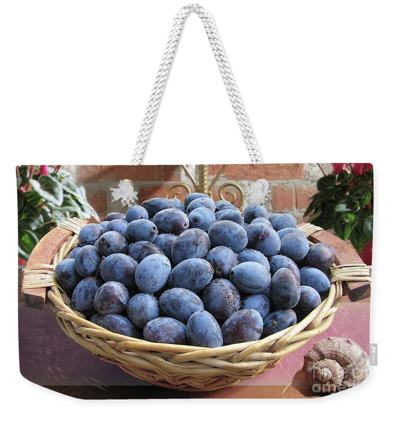 Plum Weekender Tote Bag featuring the photograph Blue Plums In A Basket by Mira Ostojic