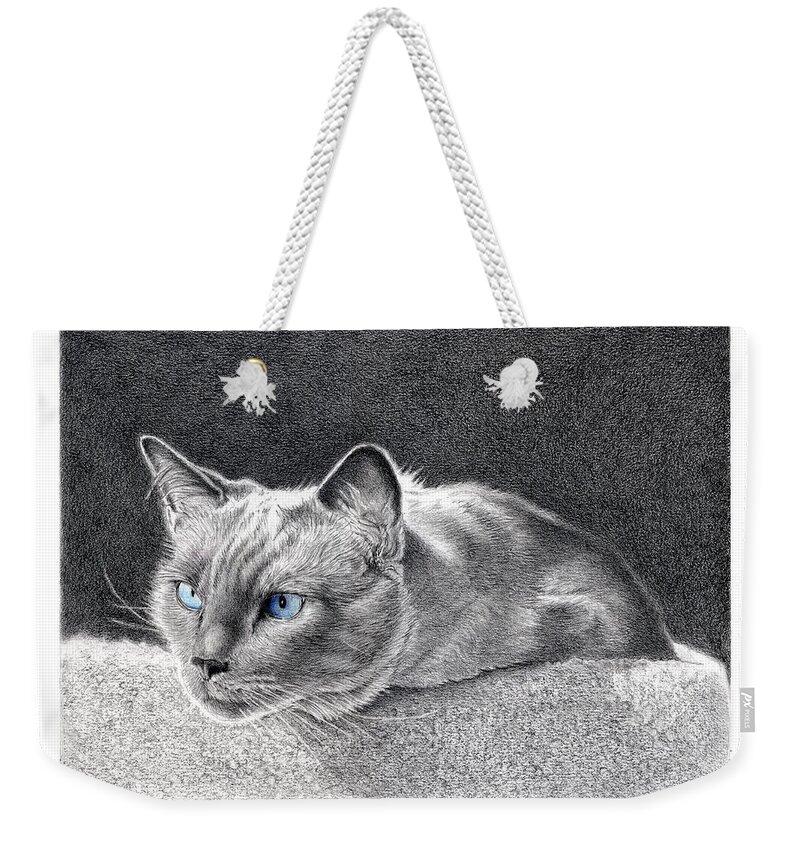 Cat Weekender Tote Bag featuring the drawing Blue Point Beauty by Louise Howarth