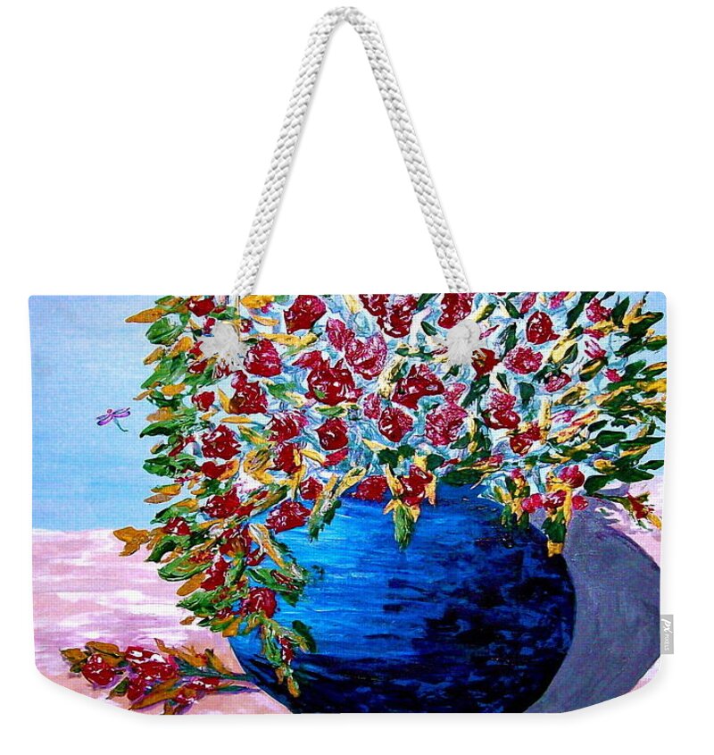 Blue Weekender Tote Bag featuring the painting Blue Pottery with Flowers by Kenlynn Schroeder
