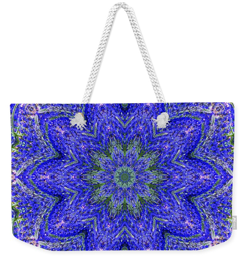 Kaleidoscope Weekender Tote Bag featuring the photograph Blue Purple Lavender Floral Kaleidoscope WALL ART PRINT by Carol F Austin