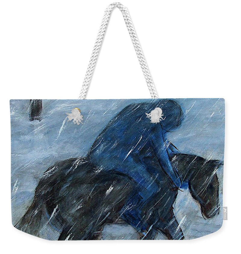 Katt Yanda Original Art Oil Painting Blue Horseback Rider Winter Snow Storm Weekender Tote Bag featuring the painting Blue Rider on Horse by Katt Yanda