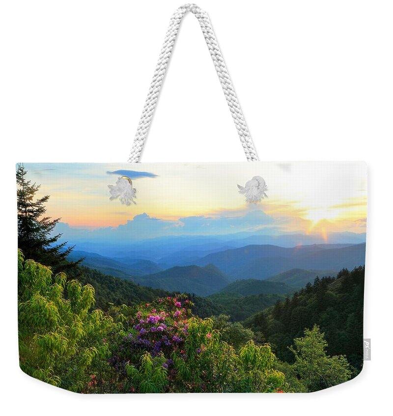 Carol Montoya Weekender Tote Bag featuring the photograph Blue Ridge Parkway And Rhododendron by Carol Montoya