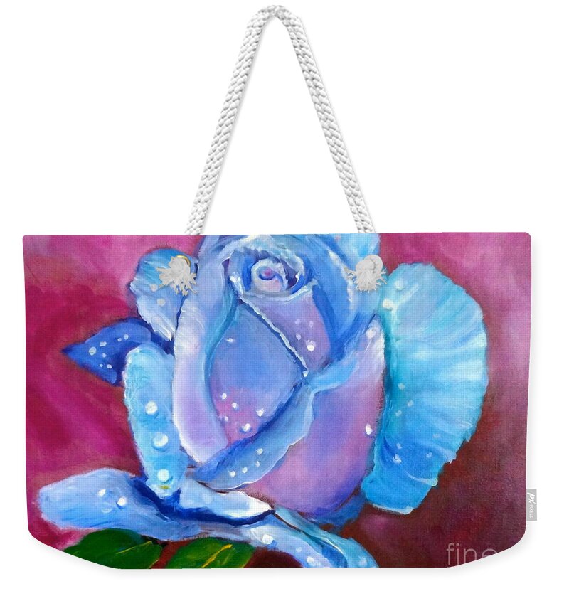 Blue Rose Print Weekender Tote Bag featuring the painting Blue Rose with Dew Drops by Jenny Lee