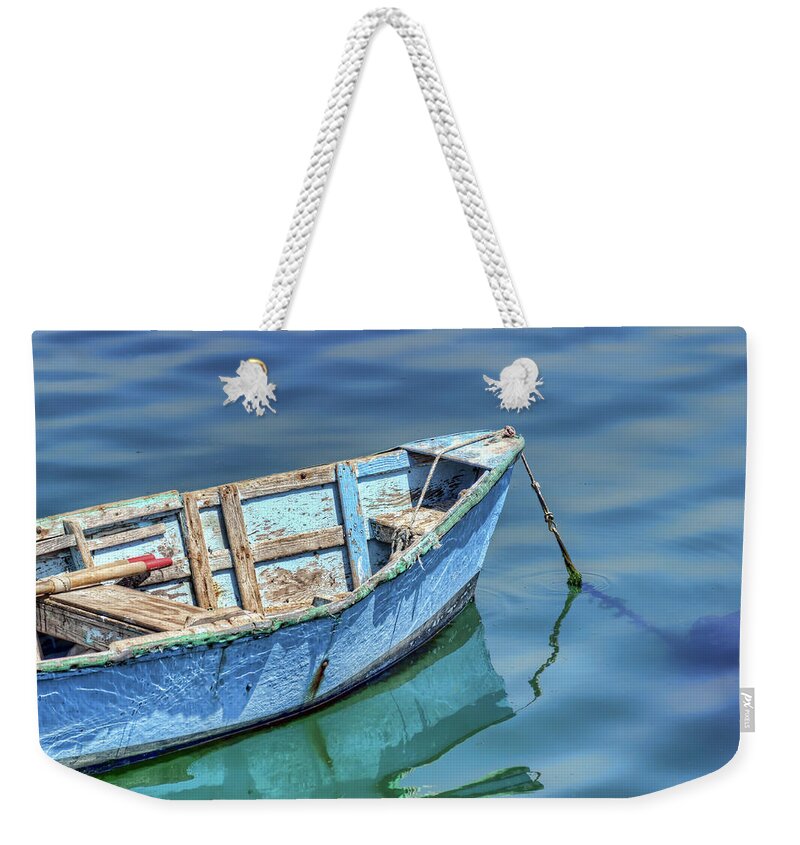 Blue Weekender Tote Bag featuring the photograph Blue Rowboat at Port San Luis 2 by Nikolyn McDonald