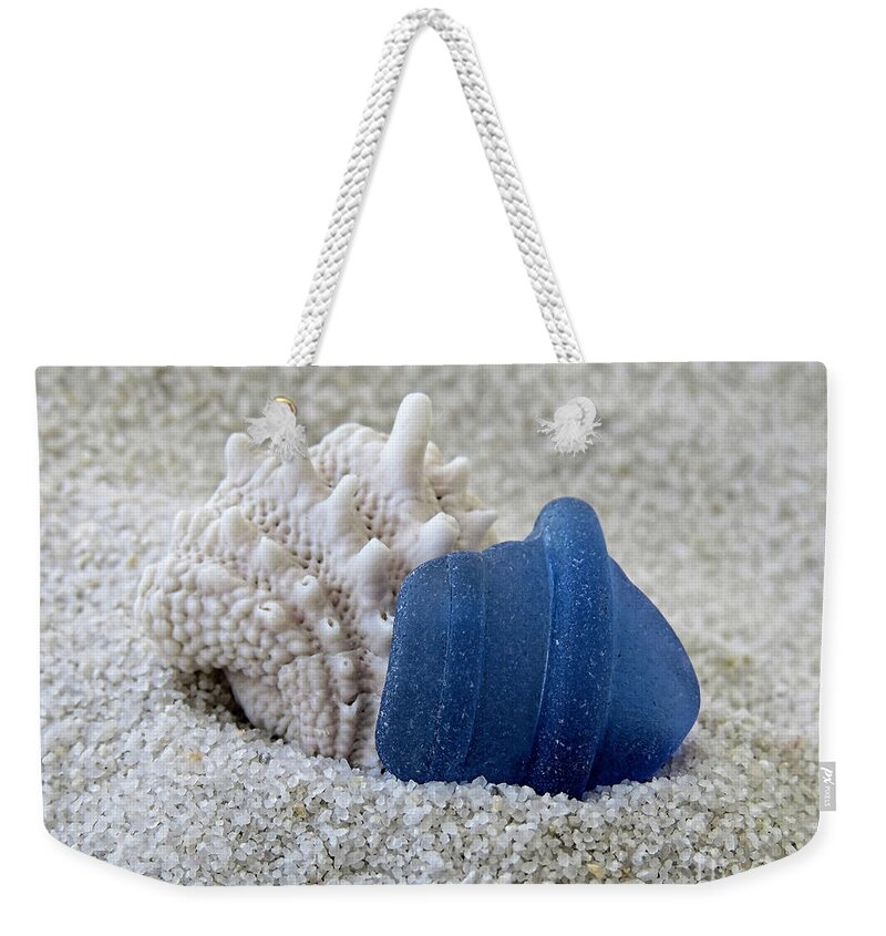 Sea Glass Weekender Tote Bag featuring the photograph Blue Sea Glass and Seashell by Janice Drew