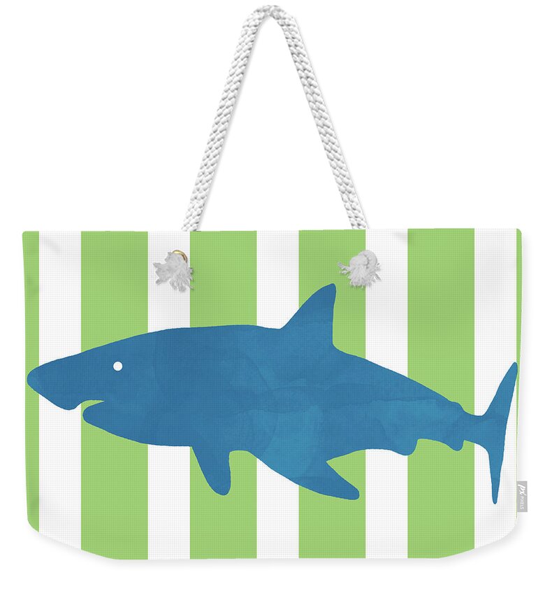 Shark Weekender Tote Bag featuring the mixed media Blue Shark 1- Art by Linda Woods by Linda Woods