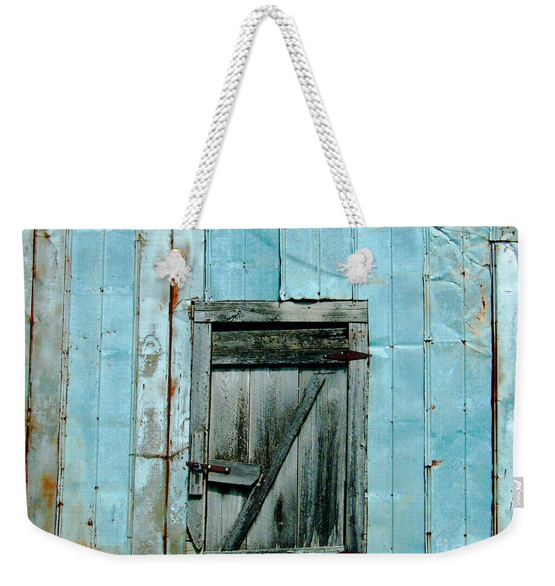 Mississippi Weekender Tote Bag featuring the photograph Blue Shed Door Hwy 61 Mississippi by Lizi Beard-Ward