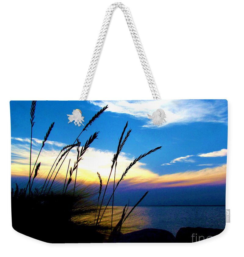 Photograph Weekender Tote Bag featuring the photograph Photograph Blue Shores Silhouette Sunset by Delynn Addams