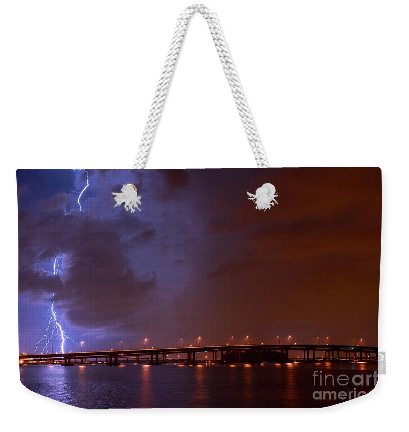 Lightning Weekender Tote Bag featuring the photograph Blue Skys at Night by Quinn Sedam