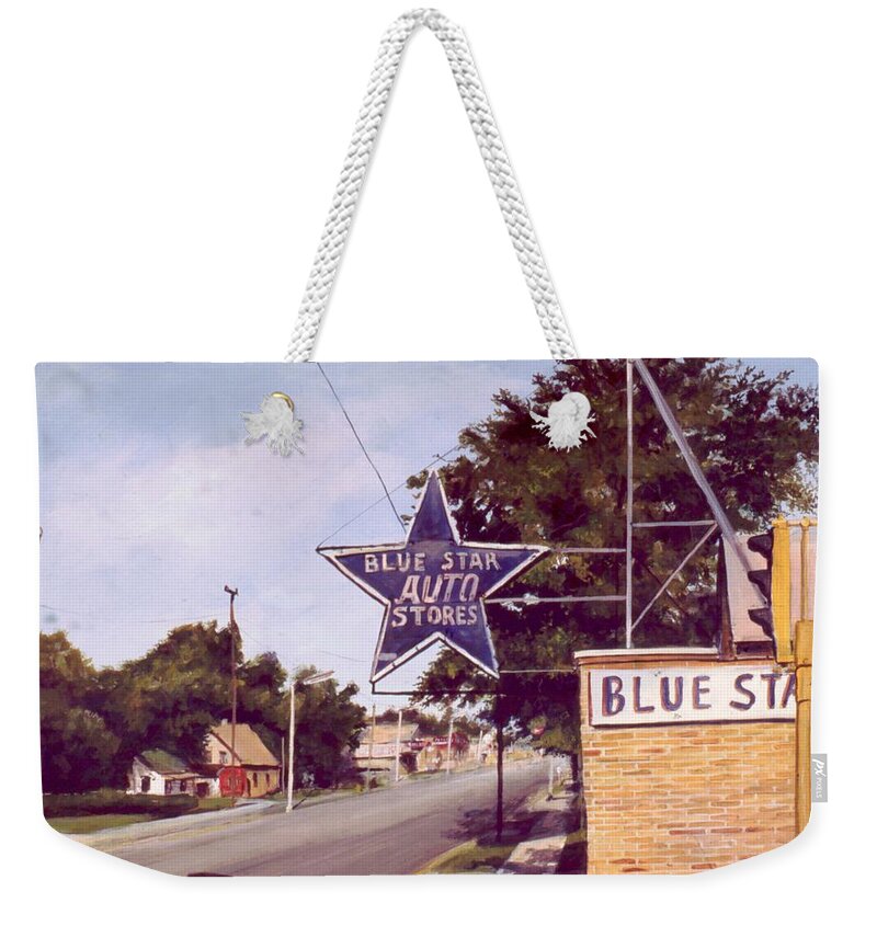 Landscape Harvey Illinois Weekender Tote Bag featuring the painting Blue Star Auto by William Brody