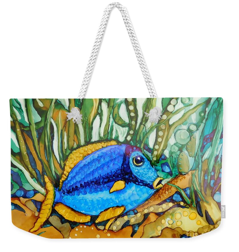 This Whimsical Blue Fish Swims Through The Magical World Beneath The Reef. (the 8 X 6 Tile Comes Mounted On A Canvas Panel In A Standard 8 X 10 Frame.) Weekender Tote Bag featuring the painting Blue Tang by Joan Clear