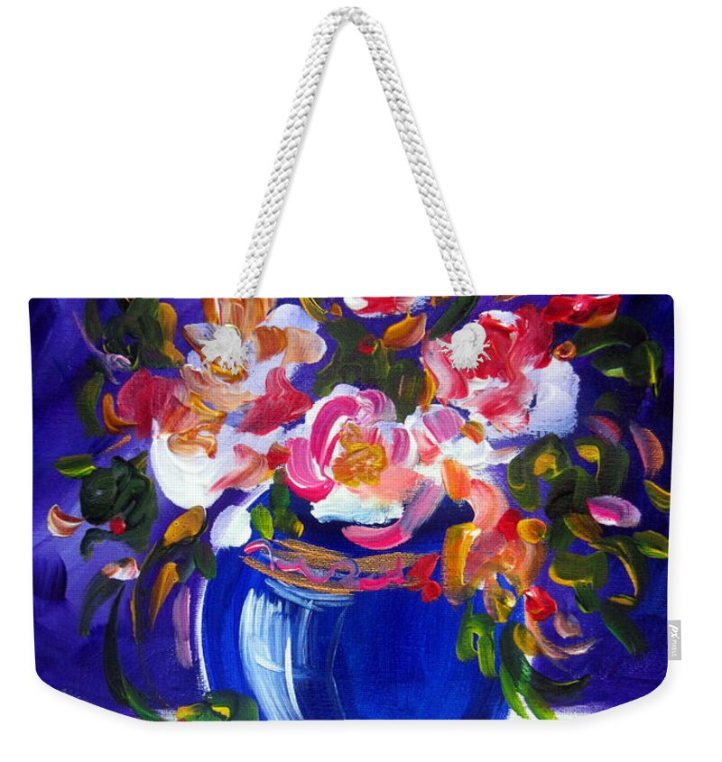 Flowers Weekender Tote Bag featuring the painting Blue Vase And Fresh Flowers by Roberto Gagliardi