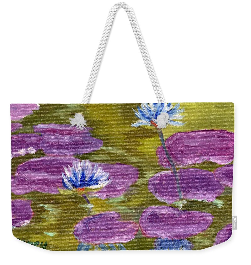 Abstract Weekender Tote Bag featuring the painting Blue Water Lilies by Marcy Brennan