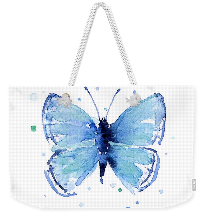 Watercolor Weekender Tote Bag featuring the painting Blue Watercolor Butterfly by Olga Shvartsur