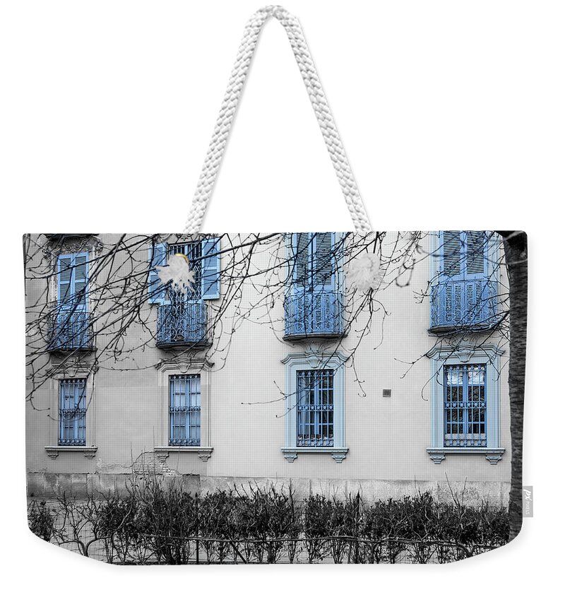 Italy Weekender Tote Bag featuring the photograph Blue windows and balconies by Wolfgang Stocker