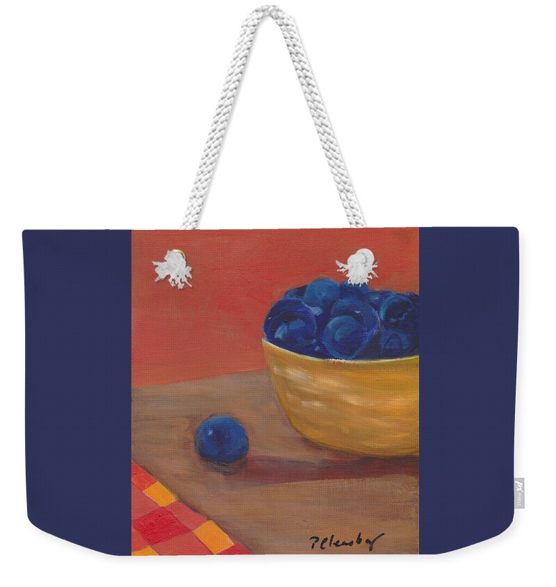 Blueberries Weekender Tote Bag featuring the painting Blueberries Yellow Bowl by Patricia Cleasby