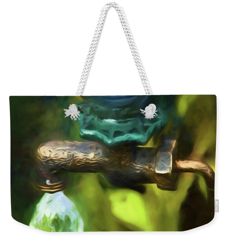 Painted Photo Weekender Tote Bag featuring the painting Bluebird Garden Ornament by Bonnie Bruno