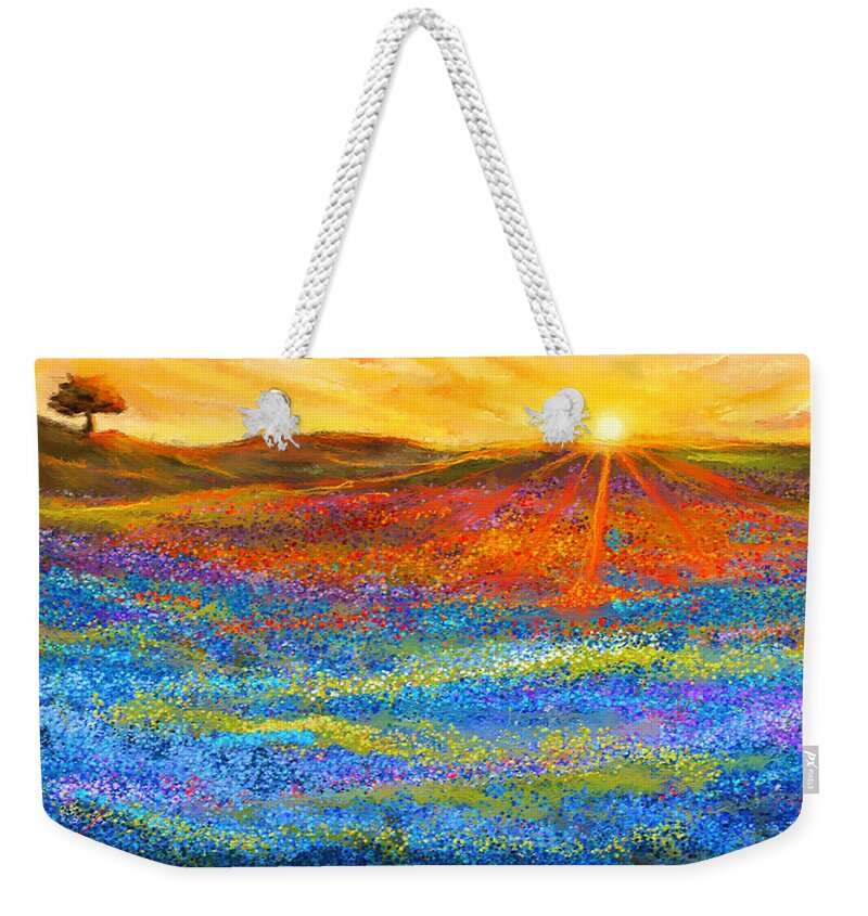 Bluebonnet Weekender Tote Bag featuring the painting Bluebonnet Horizon - Bluebonnet Field Sunset by Lourry Legarde