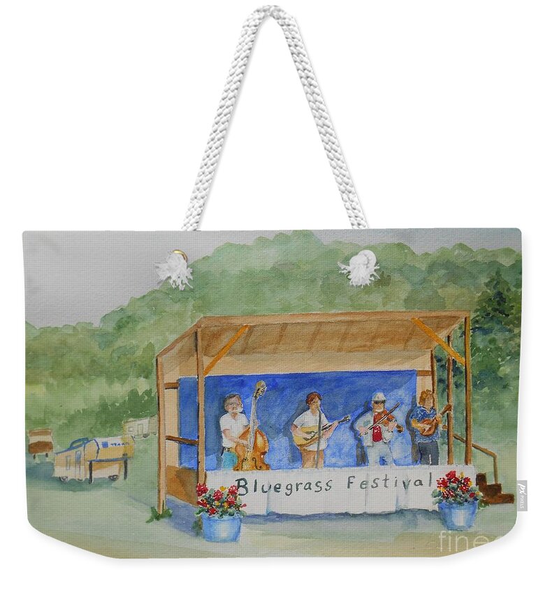 Music Weekender Tote Bag featuring the painting Bluegrass Festival by Christine Lathrop