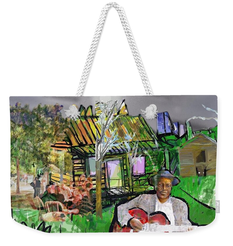 Blues Weekender Tote Bag featuring the digital art Blues Man and a yellow House by Joe Roache