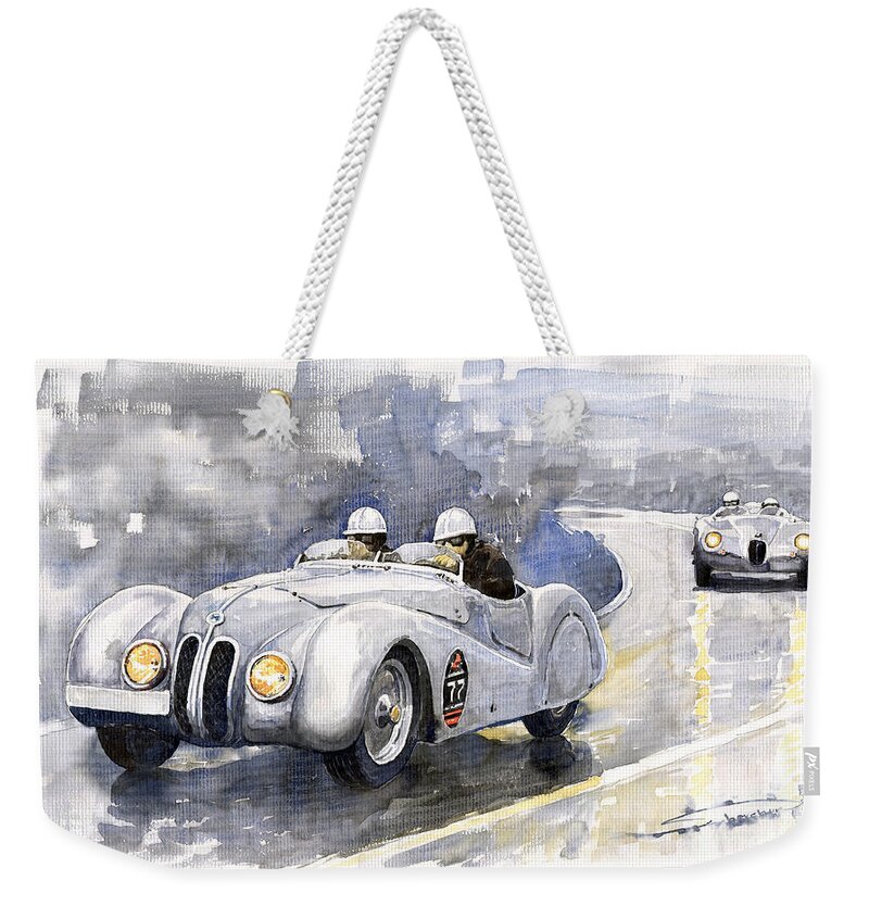 Auto Weekender Tote Bag featuring the painting BMW 328 Roadster by Yuriy Shevchuk