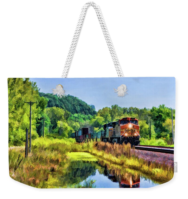 Freight Train Weekender Tote Bag featuring the painting BNSF Scenic Freight Train by Christopher Arndt