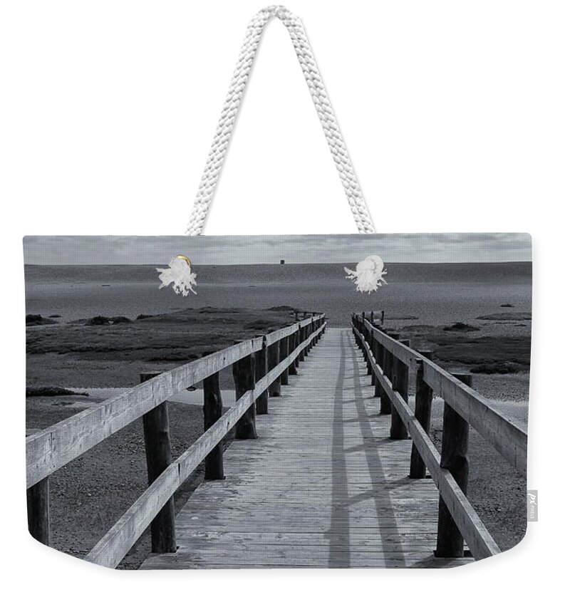 Boardwalk Weekender Tote Bag featuring the photograph Boardwalk to Chesil Beach Black and White by Jeff Townsend