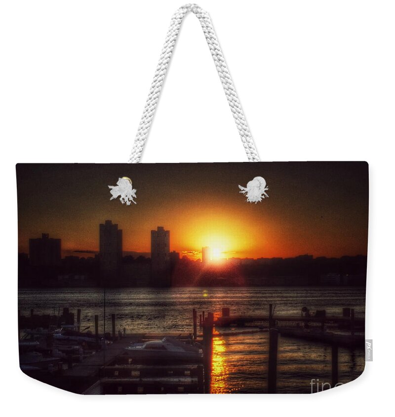 Sunset Weekender Tote Bag featuring the photograph Boat Basin Gold - Sunset in New York by Miriam Danar