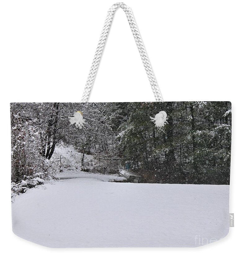 Boat Weekender Tote Bag featuring the photograph Boat In The Snow by Robin Ayers