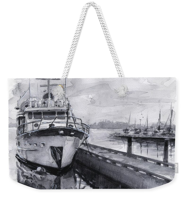 Kirkland Weekender Tote Bag featuring the painting Boat on Waterfront Marina Kirkland Washington by Olga Shvartsur