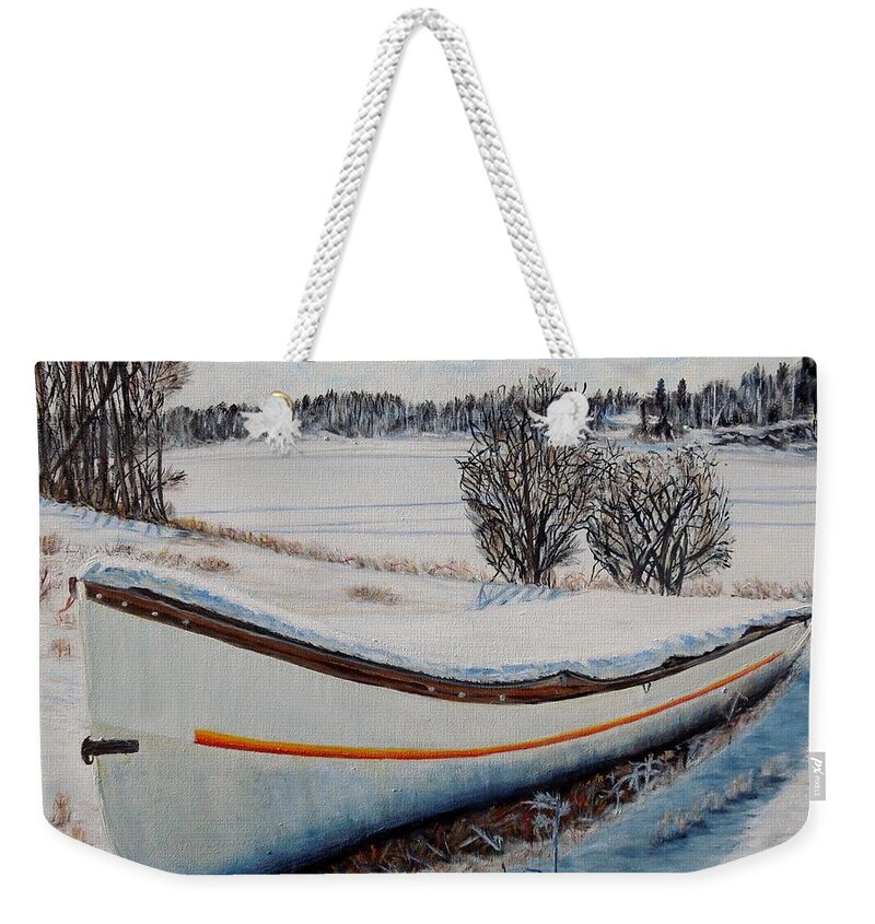 Boat Weekender Tote Bag featuring the painting Boat under snow by Marilyn McNish