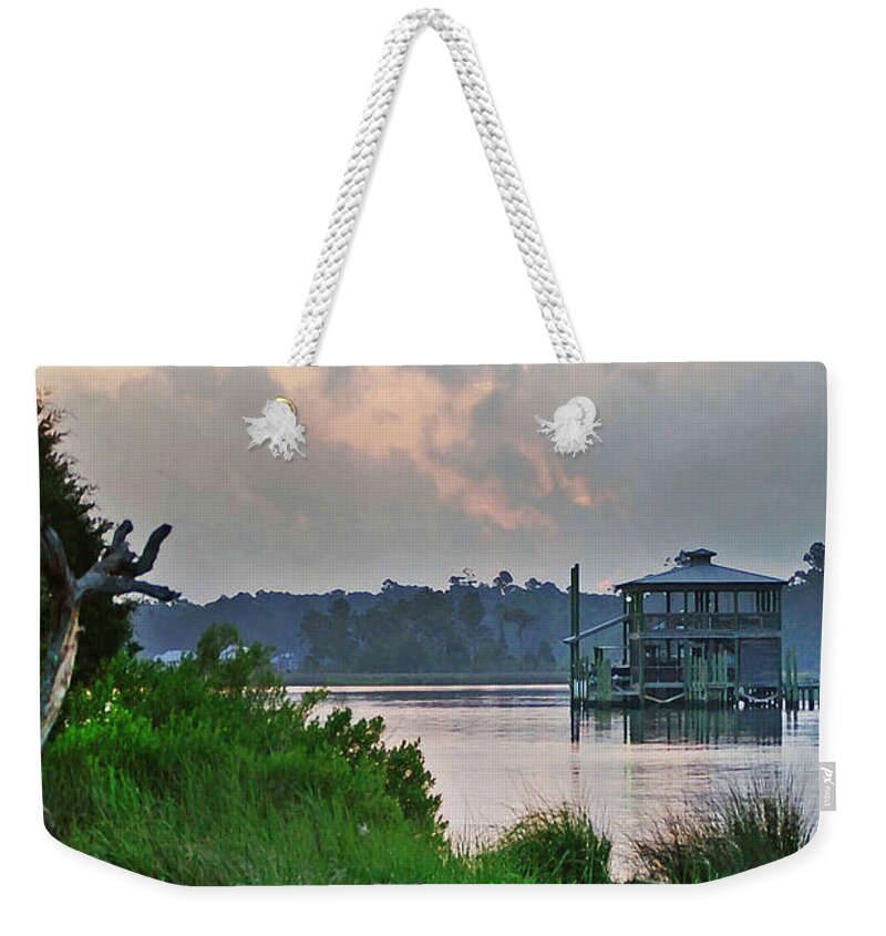 Palm Weekender Tote Bag featuring the photograph Boathouse on the Bon Secour Vertical by Michael Thomas