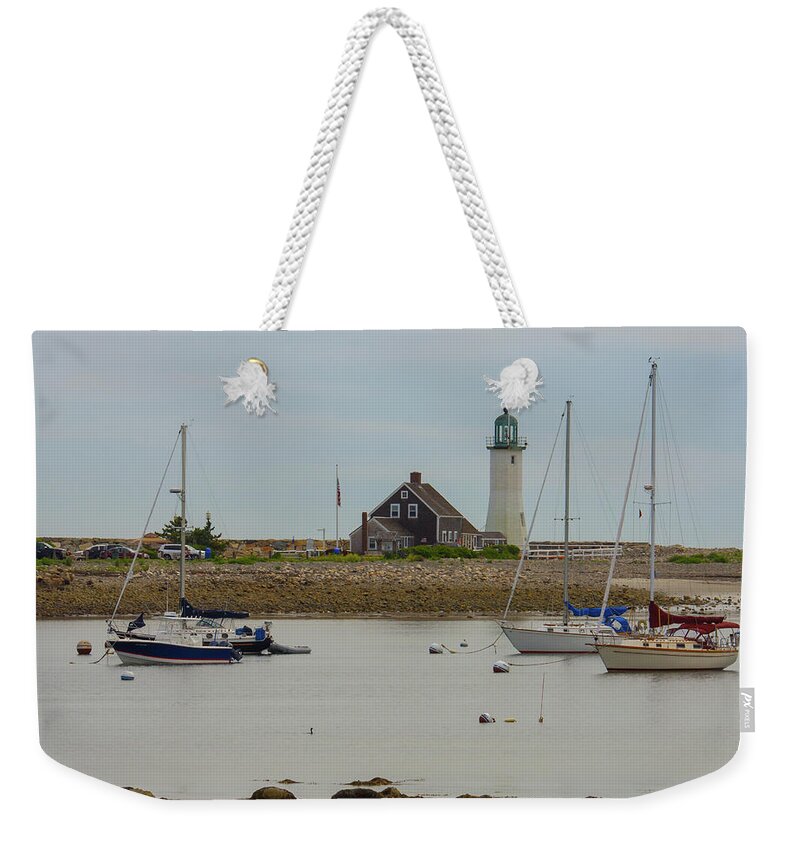 Boats By Scituate Lighthouse Weekender Tote Bag featuring the photograph Boats By Scituate Lighthouse by Brian MacLean
