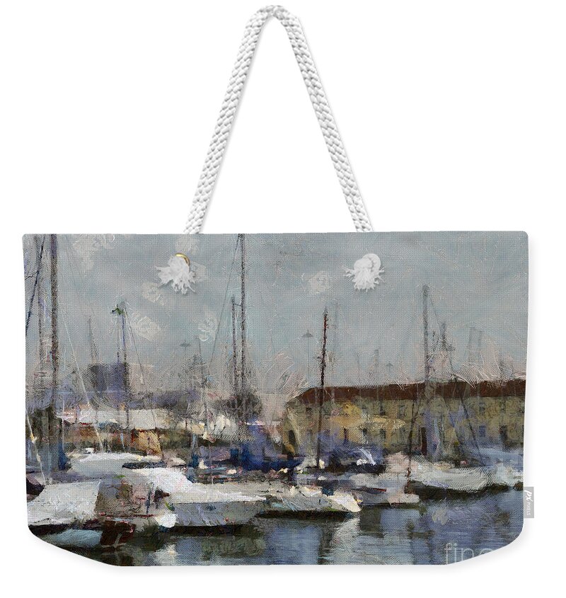Seascape Weekender Tote Bag featuring the painting Boats in marina by Dimitar Hristov