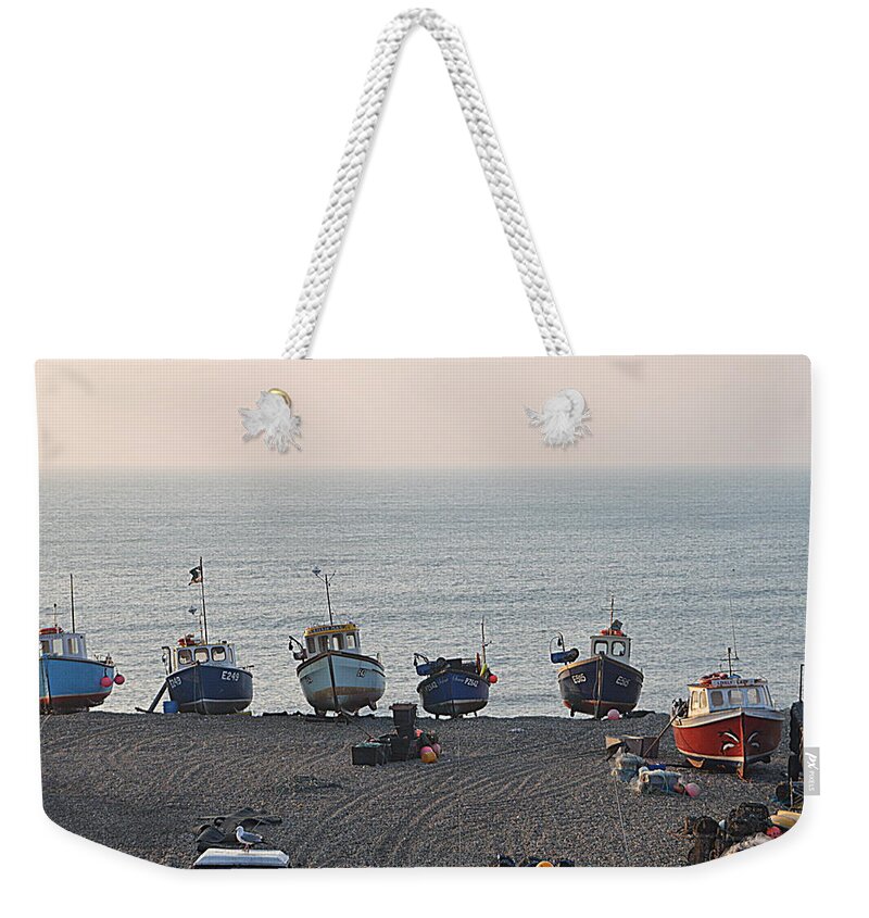Boats Weekender Tote Bag featuring the photograph Boats on Beach by Andy Thompson