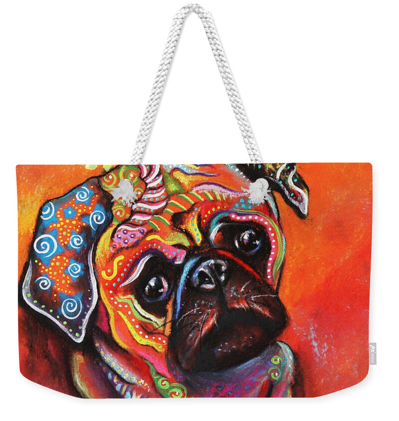 Pug Art Print Weekender Tote Bag featuring the mixed media Pug by Patricia Lintner