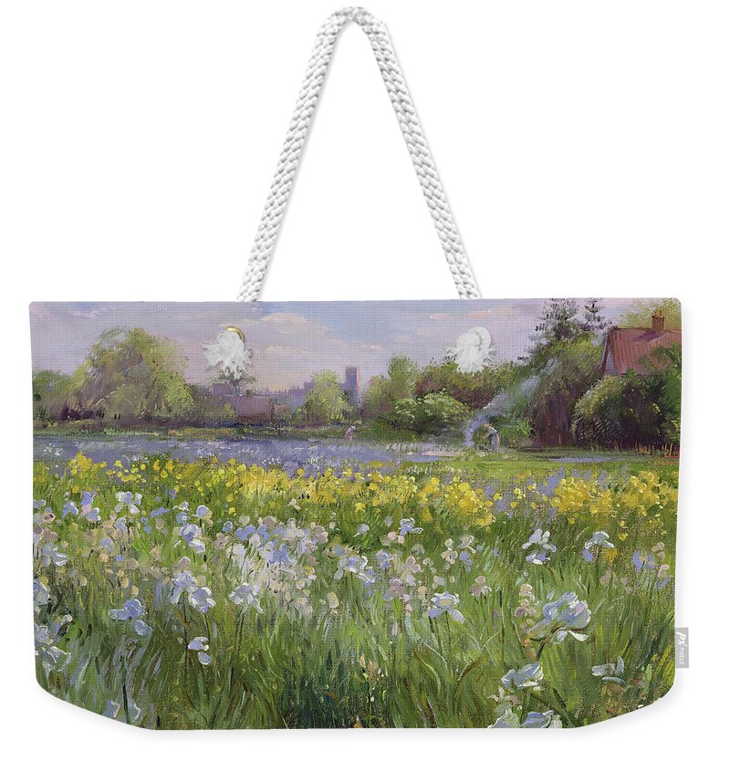 Bonfire And Iris Field Weekender Tote Bag featuring the painting Bonfire and Iris Field by Timothy Easton