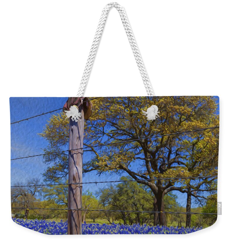 Bluebonnets Weekender Tote Bag featuring the photograph Boot and Blubonnets by Stephen Stookey